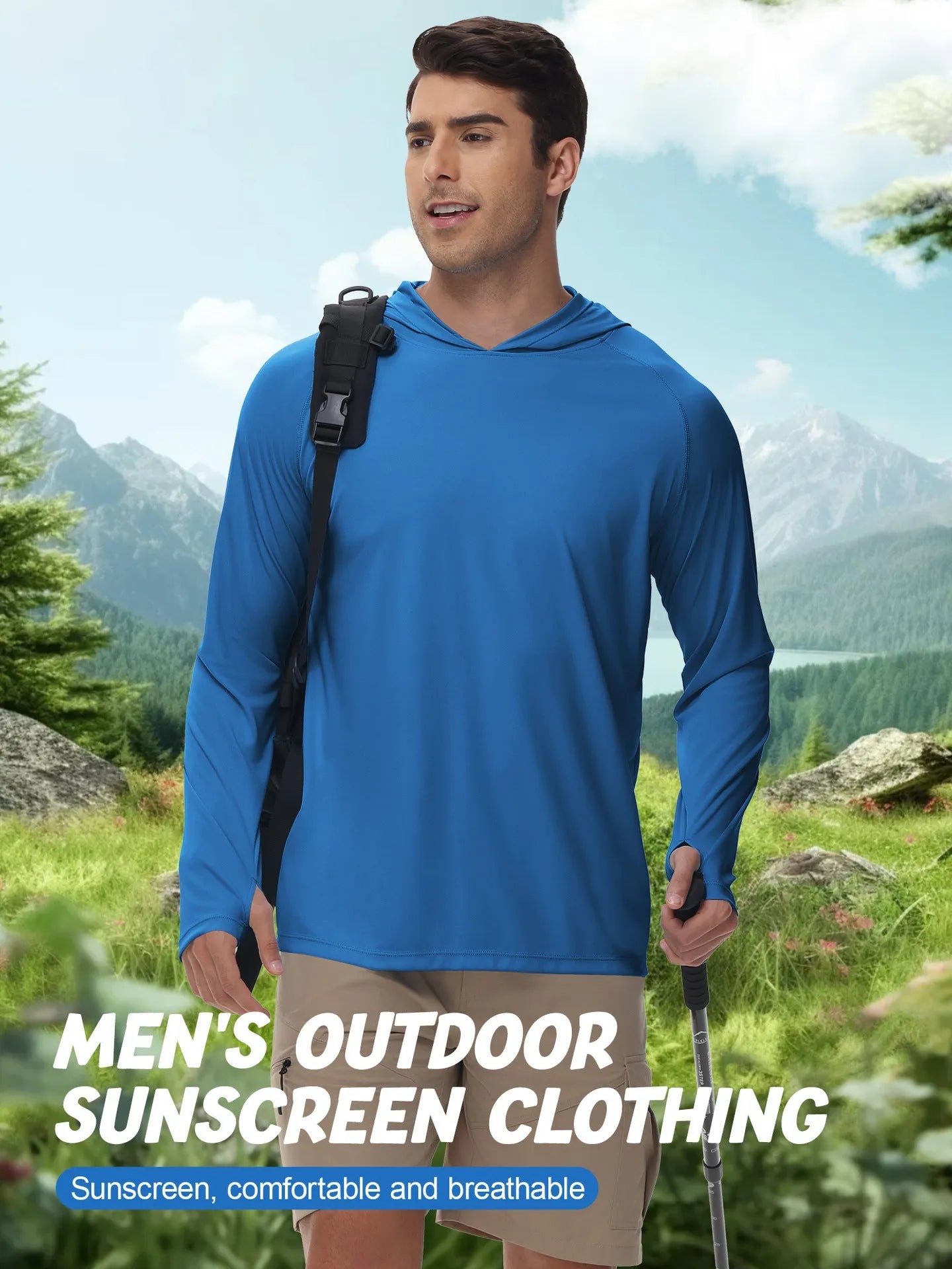 Man wearing a thin grey long sleeve hooded top for outdoor sun protection during fishing or hiking.