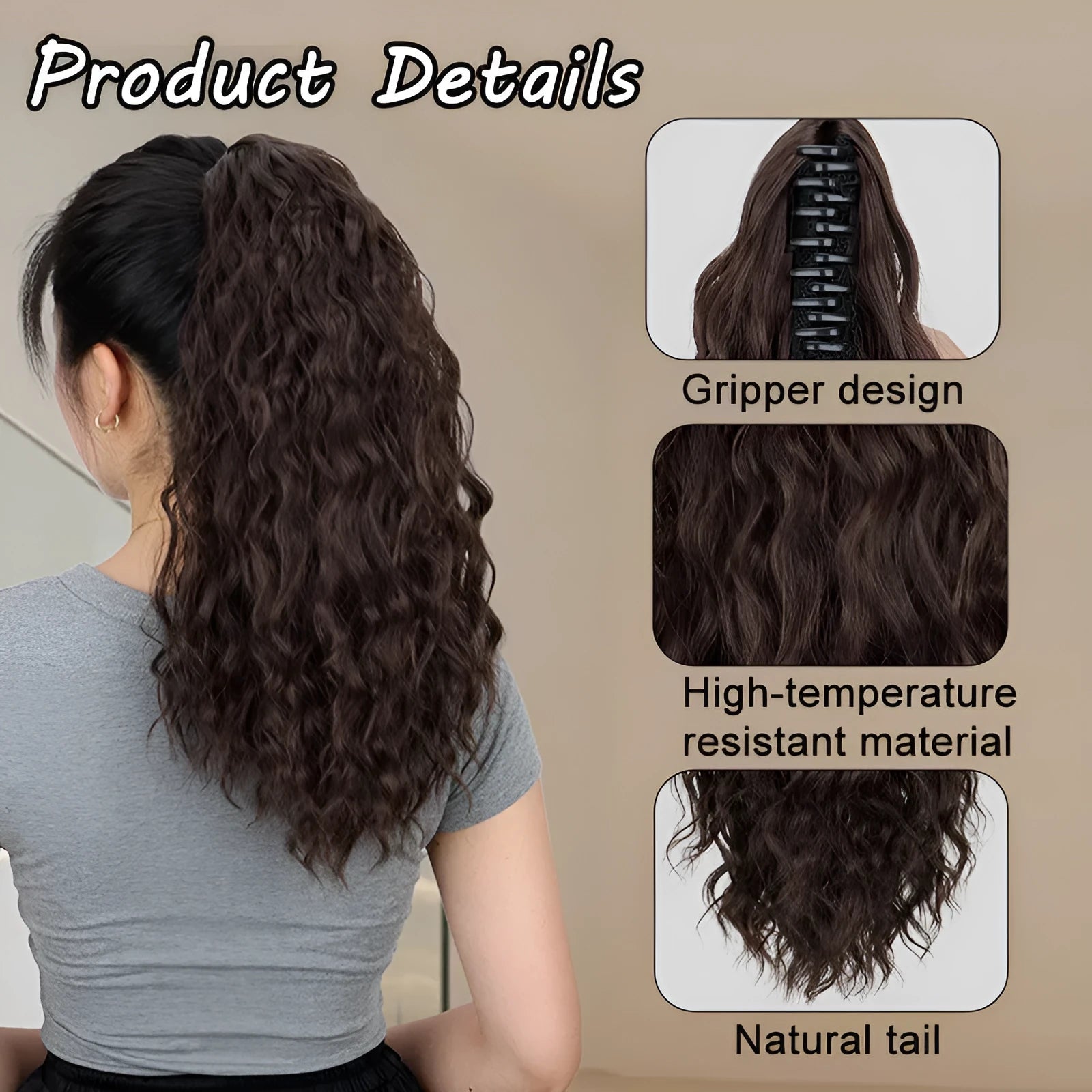 Water ripple grip corn curler synthetic ponytail wig in high temperature fibre on a stand