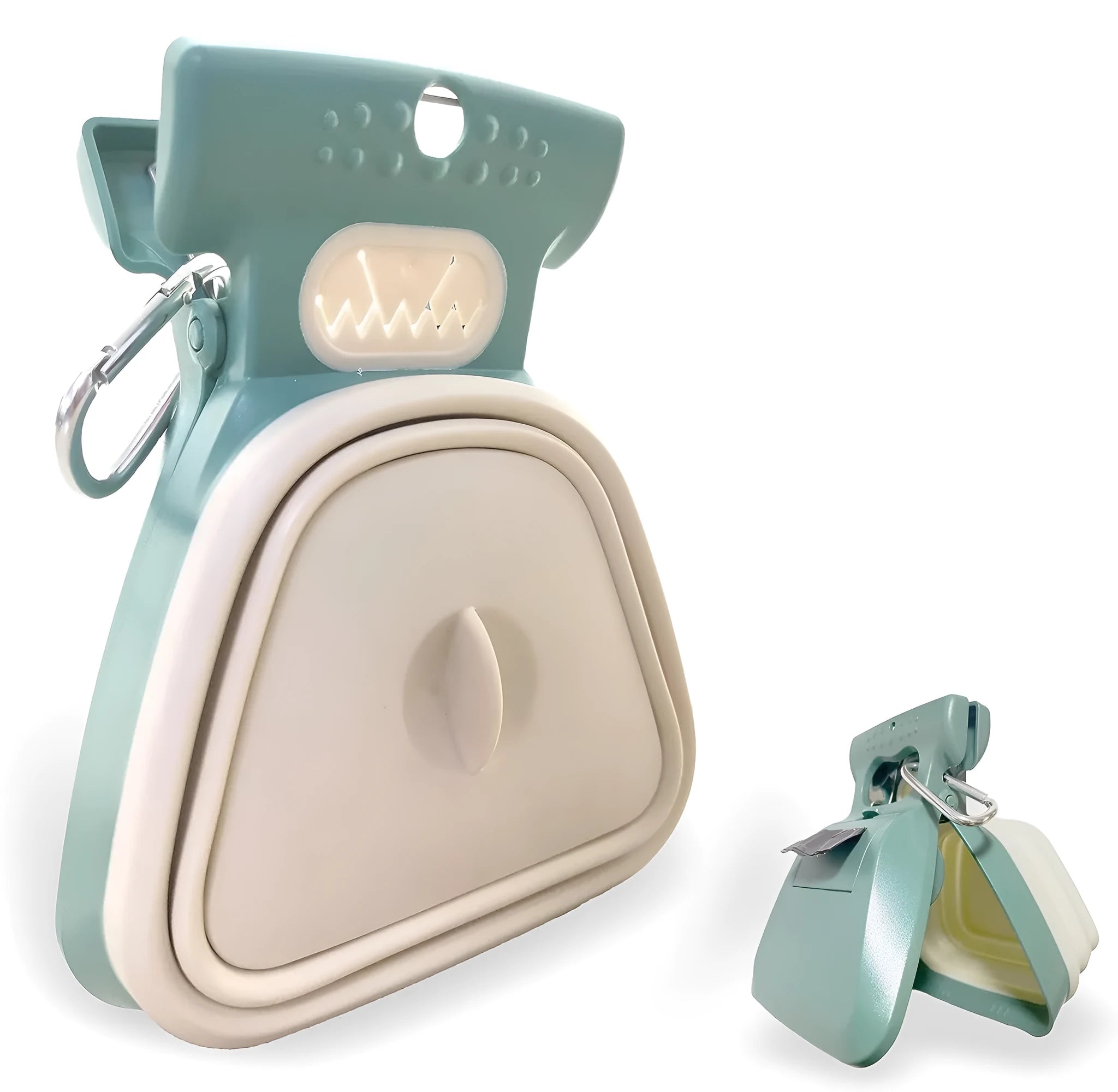 Blue portable pooper scooper with clip, expandable container, and integrated waste bag dispenser for dog waste cleanup.