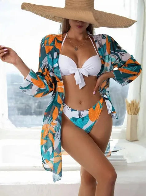 Women's three-piece mesh bikini swimsuit set with lace-up top and high-waisted shorts