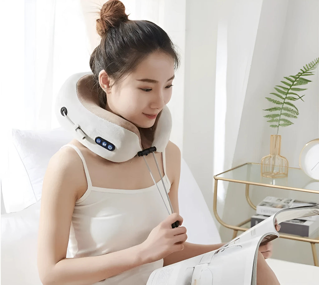 Brown U shaped electric neck massage pillow with control buttons
