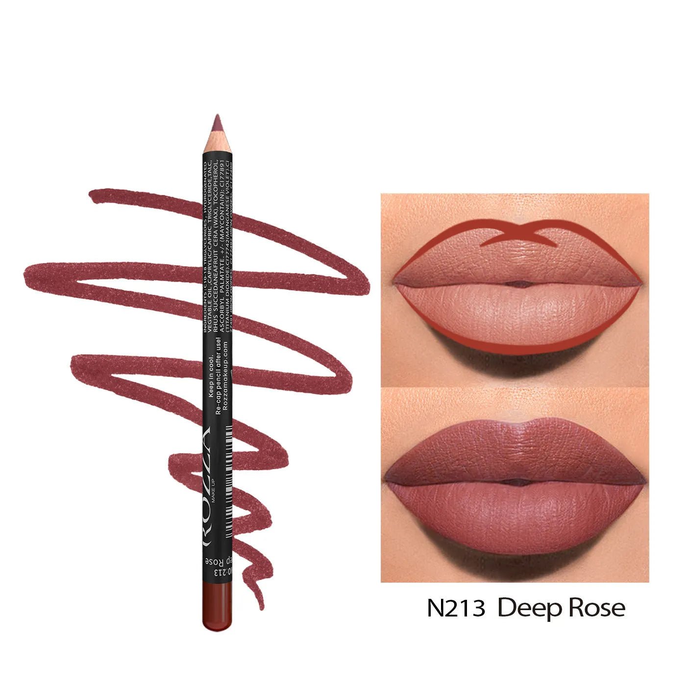 Wooden matte lip liner pencil in various shades showing 24 hour wear and waterproof claim
