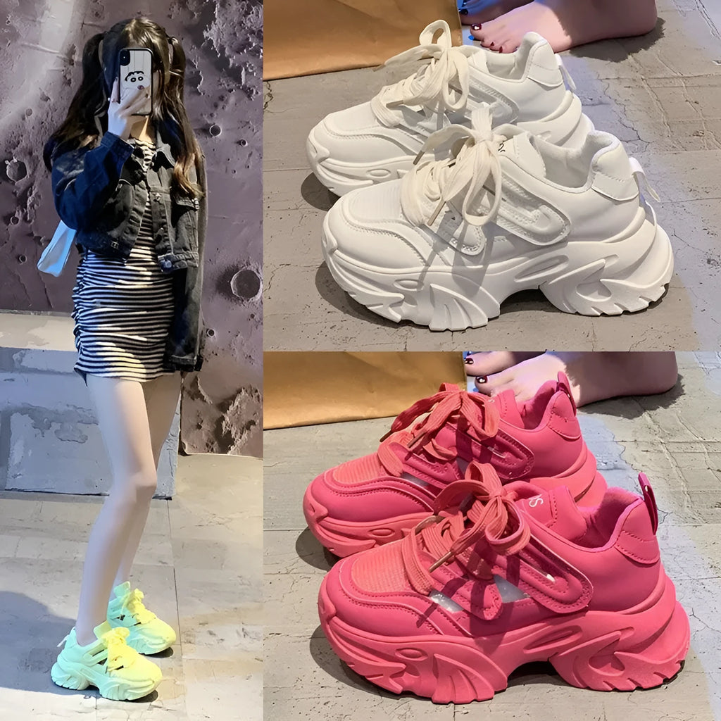 Women's height increasing thick bottom platform shoes in beige with synthetic leather upper, round toe, and front lace-up closure