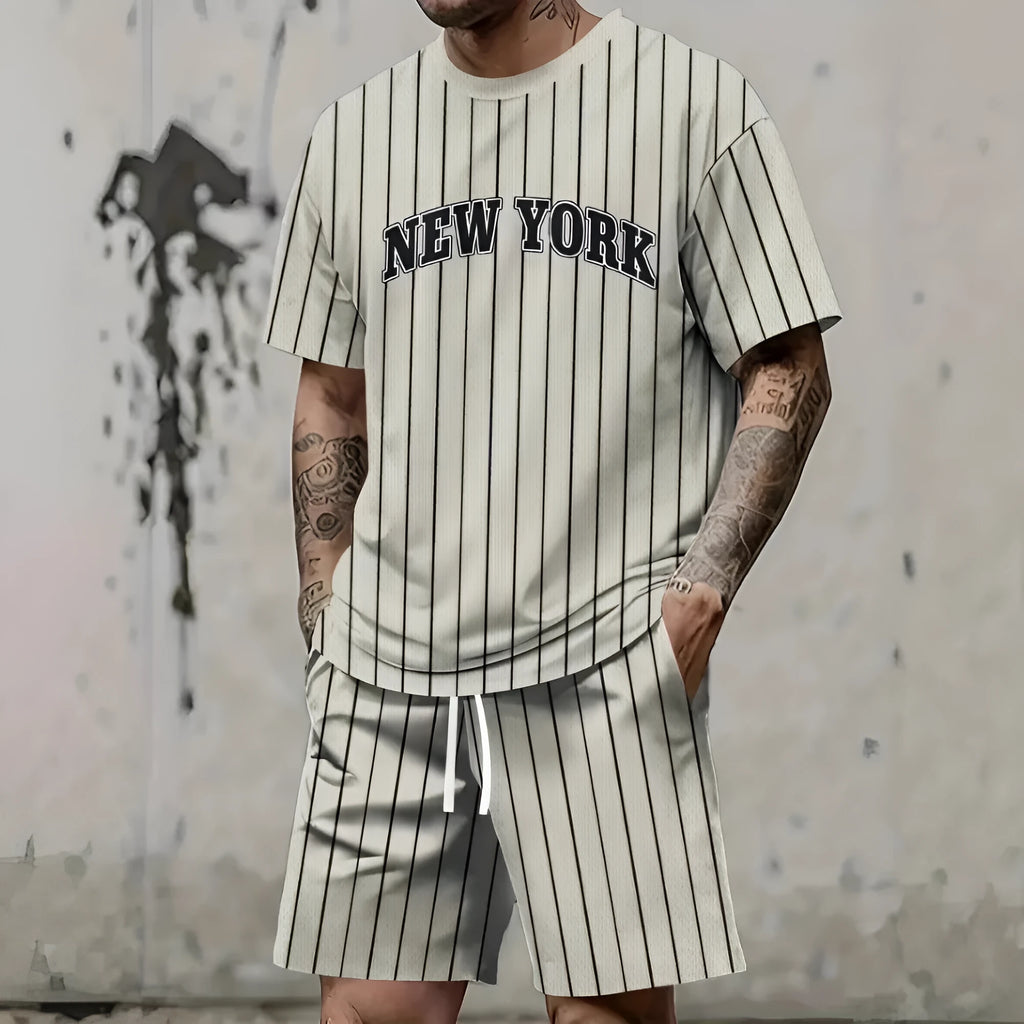 Men's grey 3D printed letter short sleeve top and shorts sports suit set