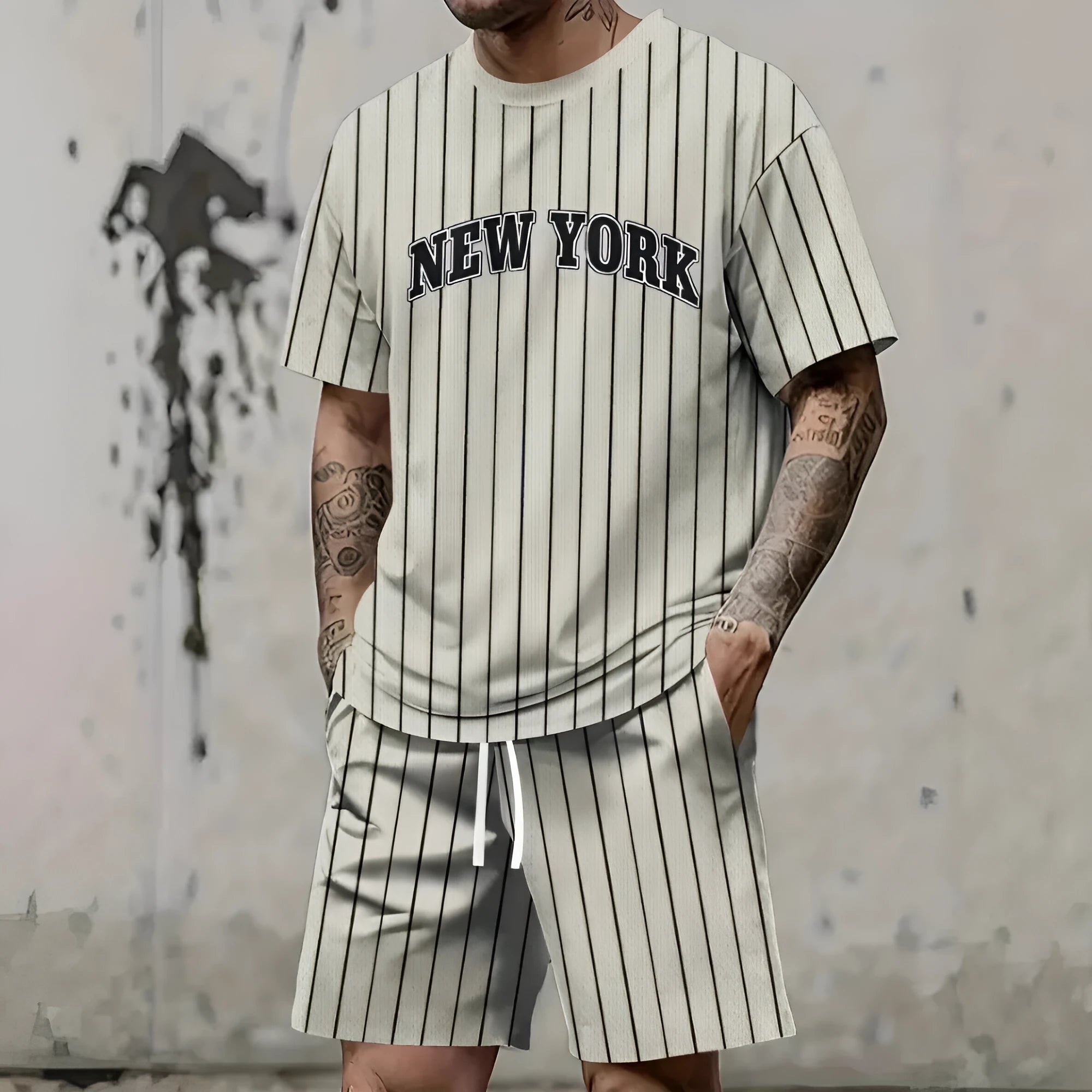 Men's grey 3D printed letter short sleeve top and shorts sports suit set