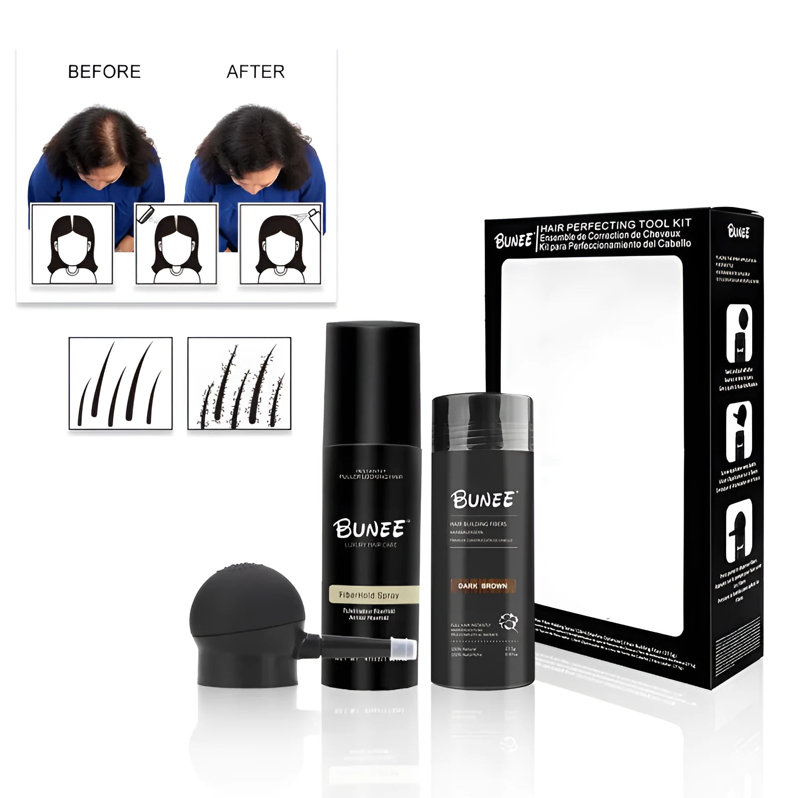 Box containing dense hair fibre powder canister, special applicator nozzle, and shaping spray bottle for hair styling.