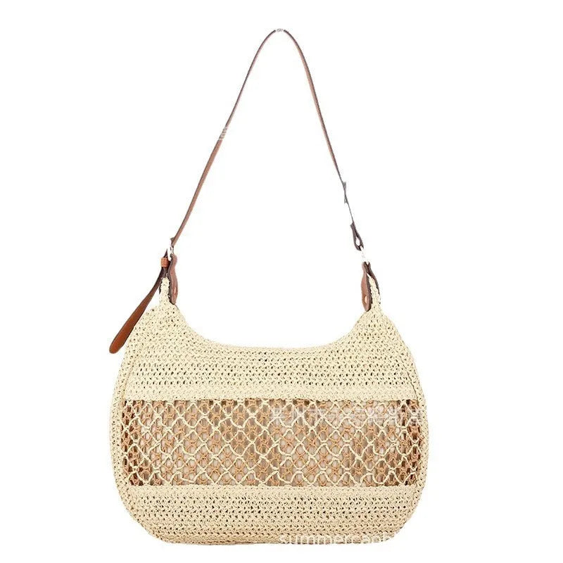 Women's khaki straw cross body bag with sandwich pocket and horizontal square shape