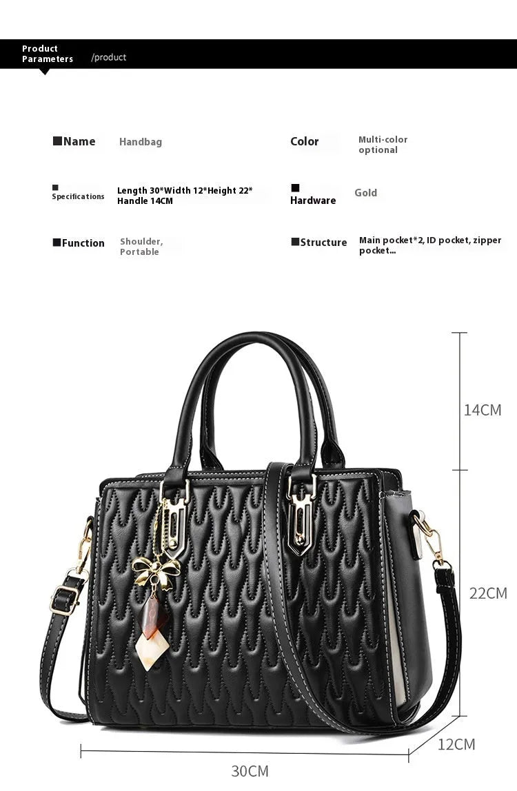 Women's large polyester messenger bag in black with shoulder strap and external pockets.