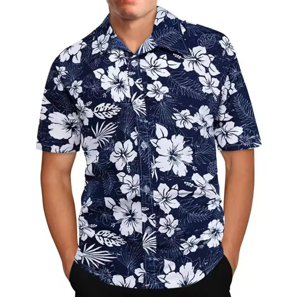 Men's loose floral beach shirt with short sleeves in polyester fabric