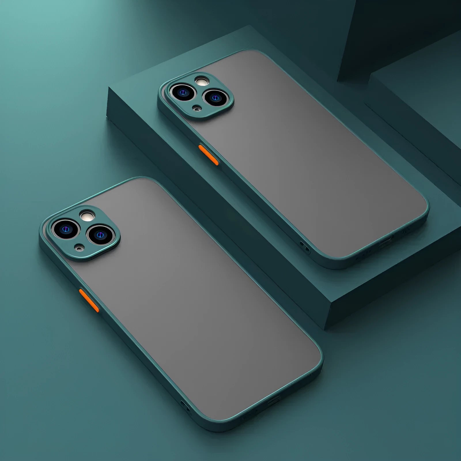 Frosted hard iPhone case with textured skin-sensing back and full camera lens protection in dark night green.