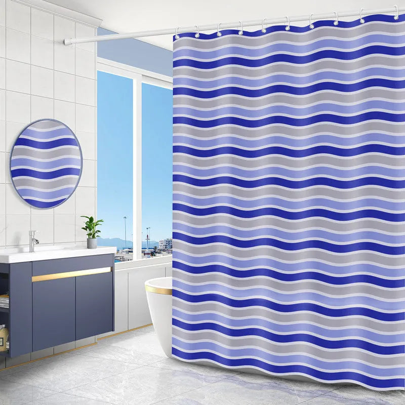 PEVA shower curtain with stainless steel buttonholes in a geometric abstract pattern, simple modern style for a bathroom.