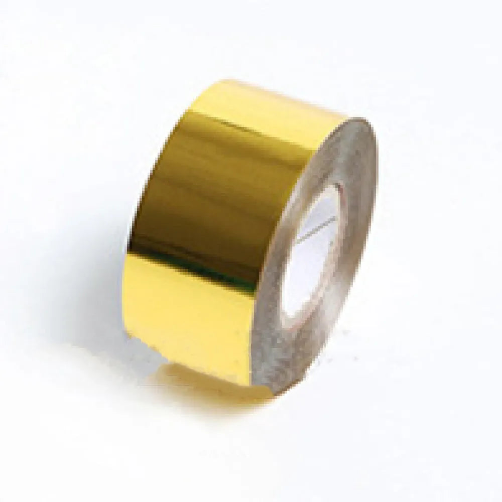 A roll of hot foil stamping paper showing metallic gold finish, with width options of 3cm and 5cm on a 120m long roll.