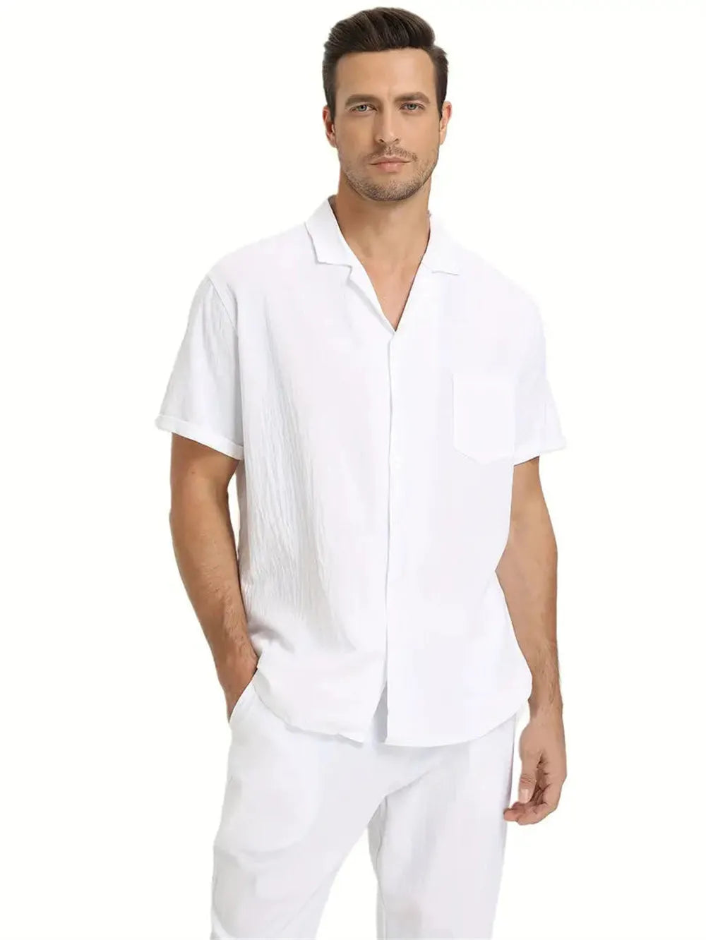 Men's cotton blend casual exercise short sleeve suit set in khaki with top and pants on a model