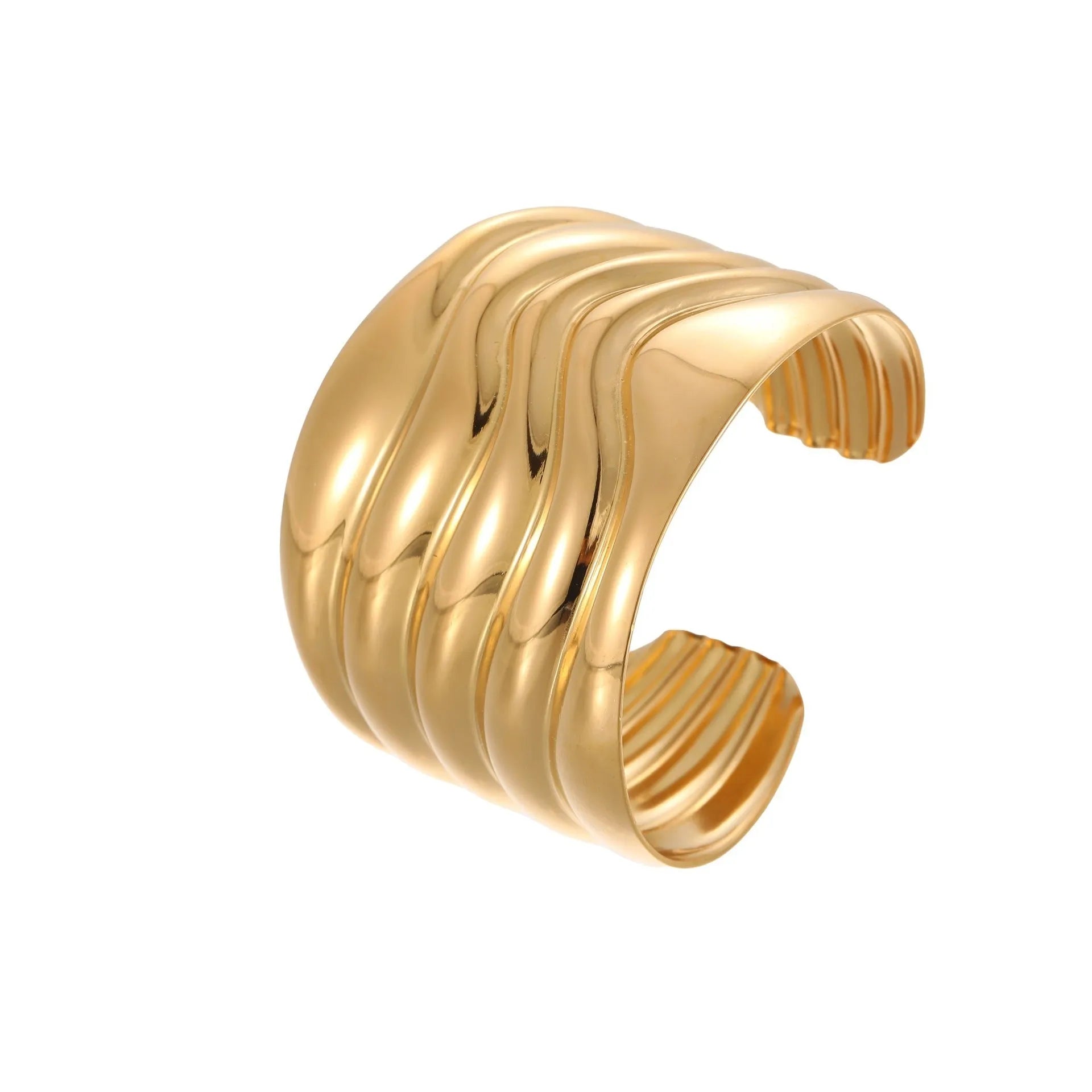 Women's wide fashion bracelet with wave design in gold-plated stainless steel