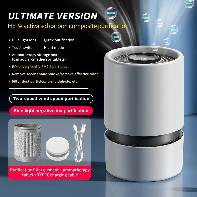 White EJ-JHQ101 desktop air purifier with simple style on a table next to a Type-C cable.
