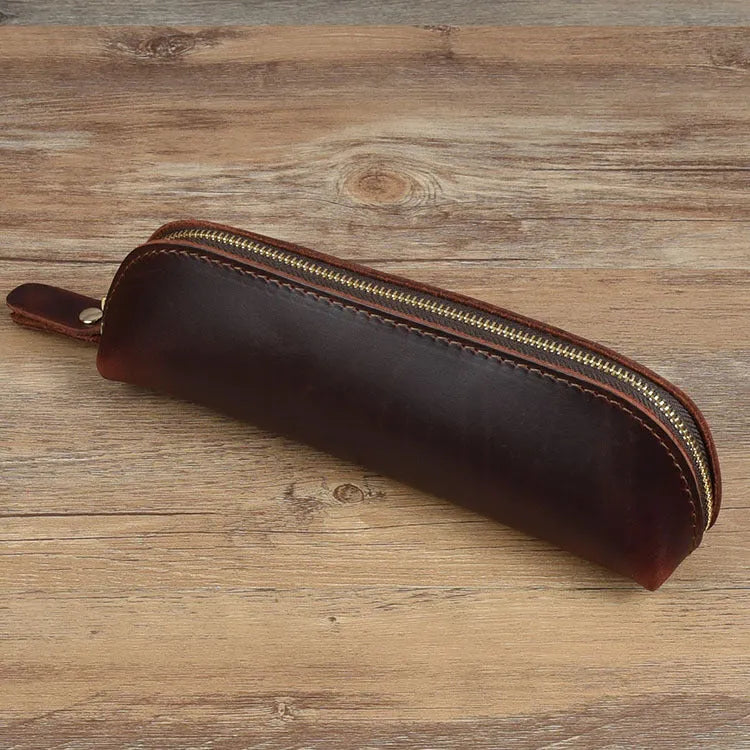 Handmade cowhide leather pencil case with zipper, square 18x6x6cm design in four colour options