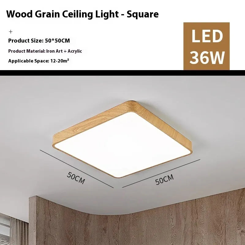 Nordic style square LED ceiling light with wood grain finish and iron frame, shown in a modern room setting.