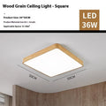 Nordic style square LED ceiling light with wood grain finish and iron frame, shown in a modern room setting.