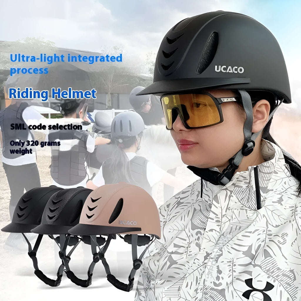 Riding helmet in carbon flower black with PC moulded shell on white background