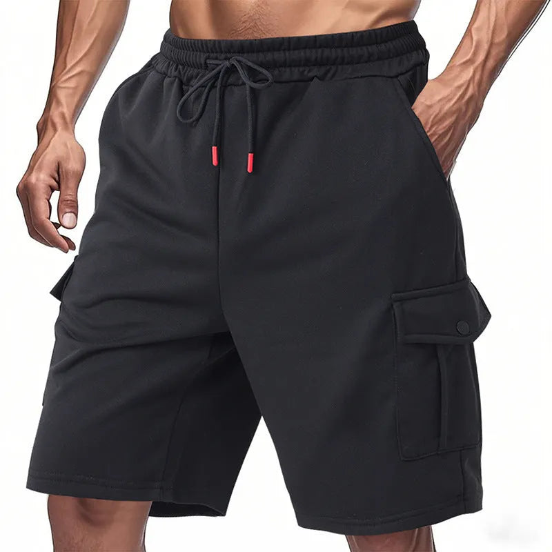 Men's heavy loose casual multi-pocket sports cargo shorts in towel terry fabric available in light grey, black, and dark grey