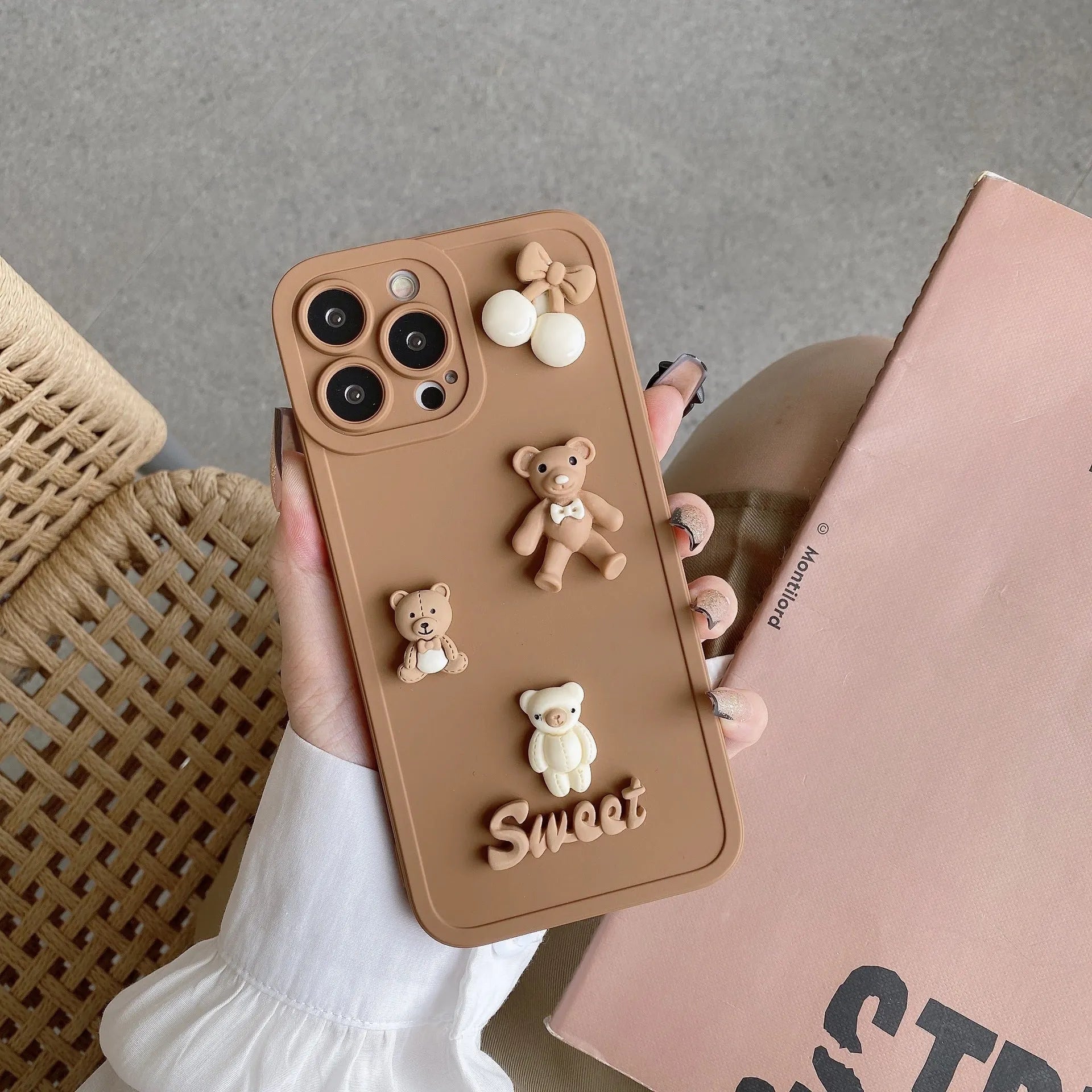 Three-dimensional bear design TPU phone case for iPhone in caramel colour, front view