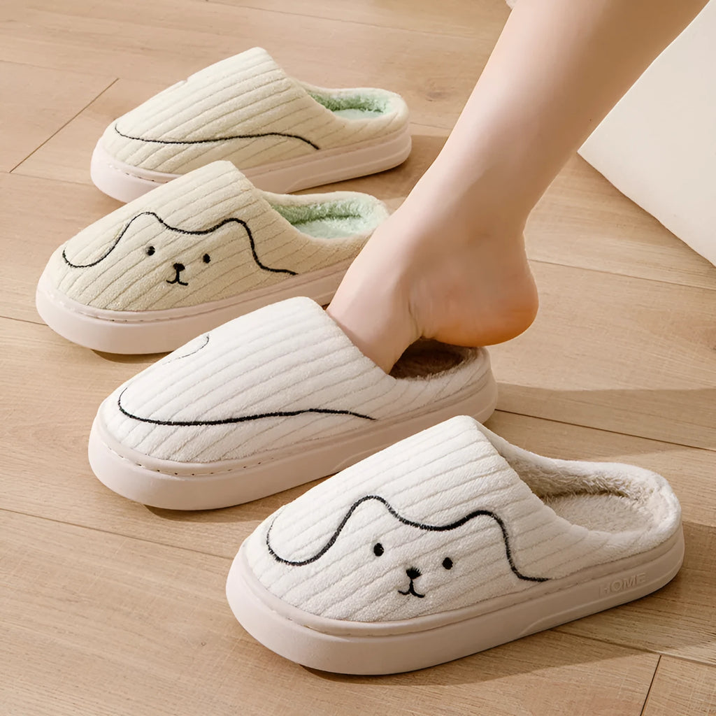 Cat print plush indoor slippers with anti-slip rubber sole in pink, green and grey for women and men