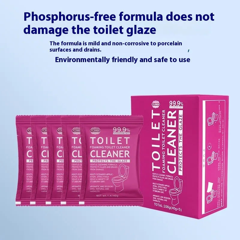 Toilet cleaning effervescent foam powder in blue ocean and pink floral fragrance options.