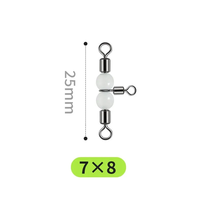 Copper fishing lure swivel beads with luminous centres on an eight-ring T-type balance fork.