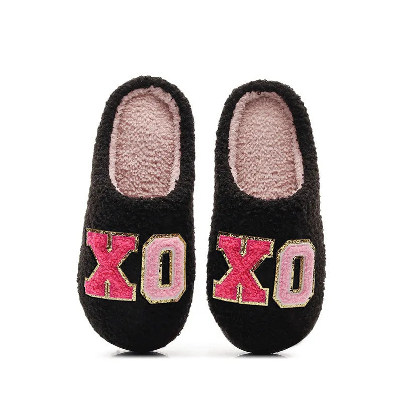 Warm grid letter cotton women's slippers in pink with artificial plush inner lining and closed toe