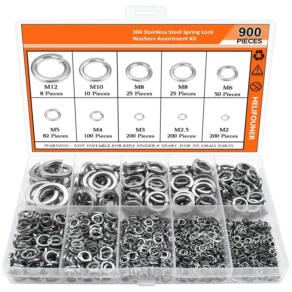 Open box showing an assortment of 304 stainless steel spring lock washers in various sizes.