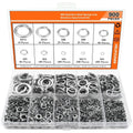 Open box showing an assortment of 304 stainless steel spring lock washers in various sizes.
