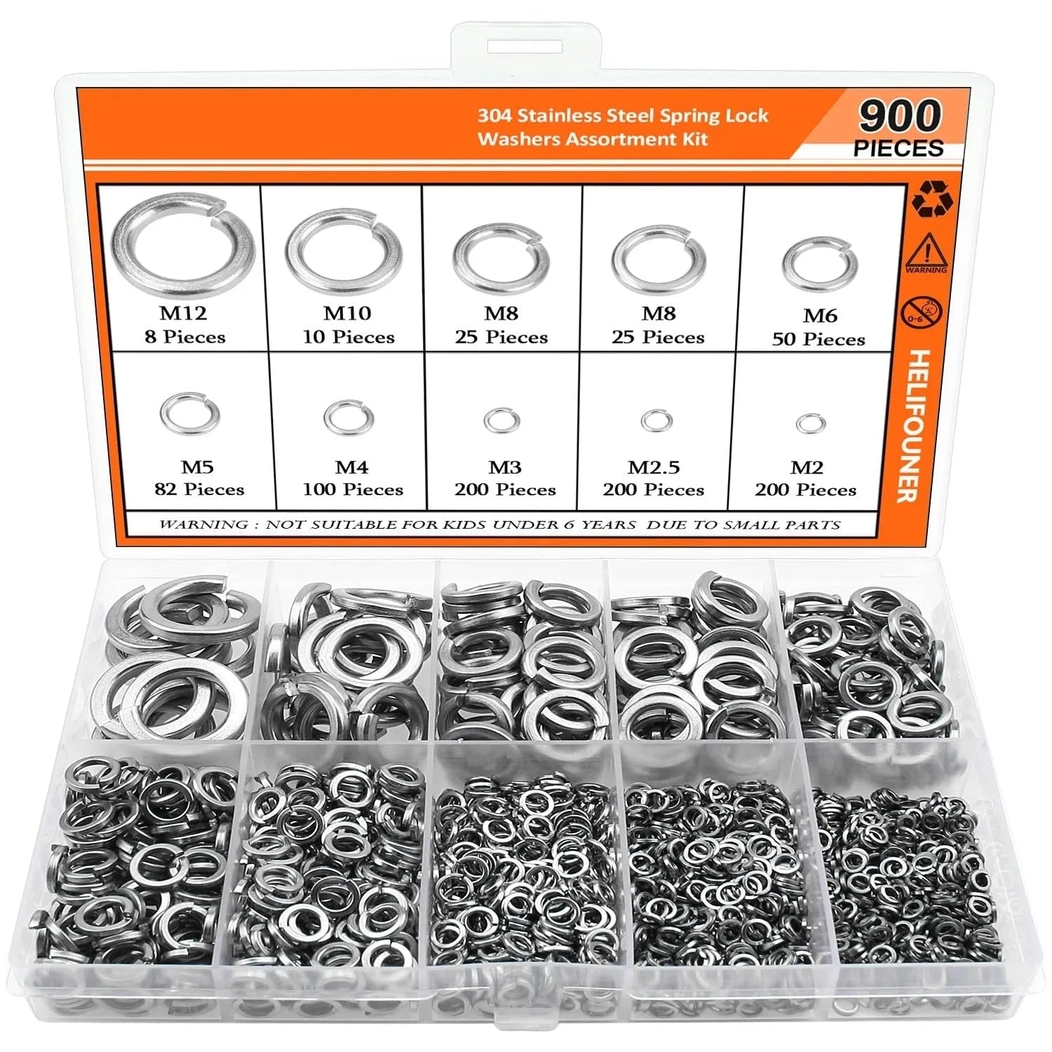 Open box showing an assortment of 304 stainless steel spring lock washers in various sizes.