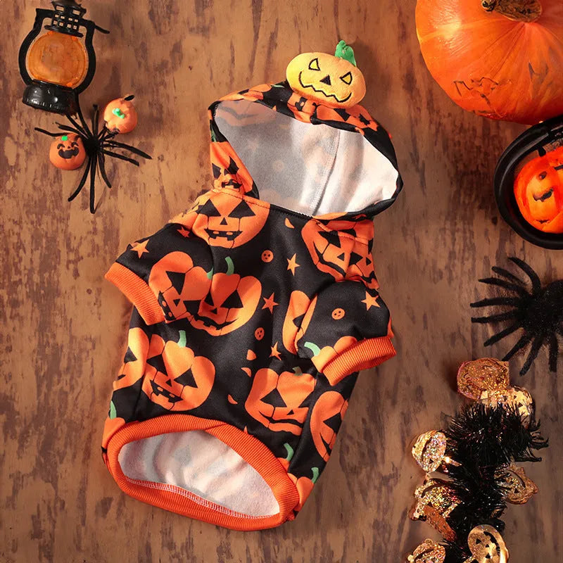 Crystal velvet pet costume with Halloween pumpkin skirt design for dogs and cats in various sizes