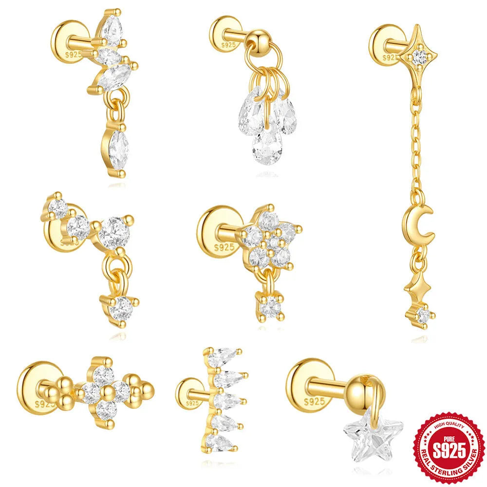 S925 sterling silver moon and star earrings with embedded diamond detailing in gold colour