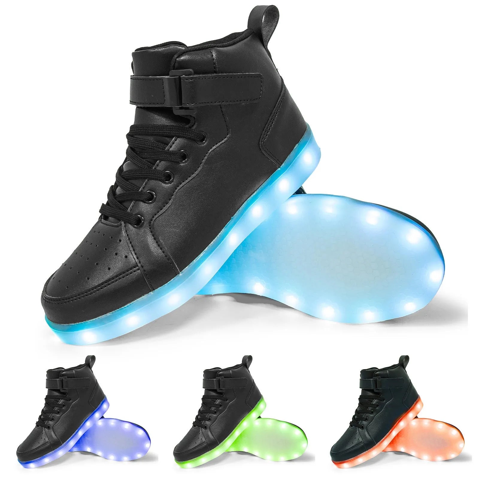 LED high-top board shoes with rechargeable lighting in black colour showing Velcro fastening