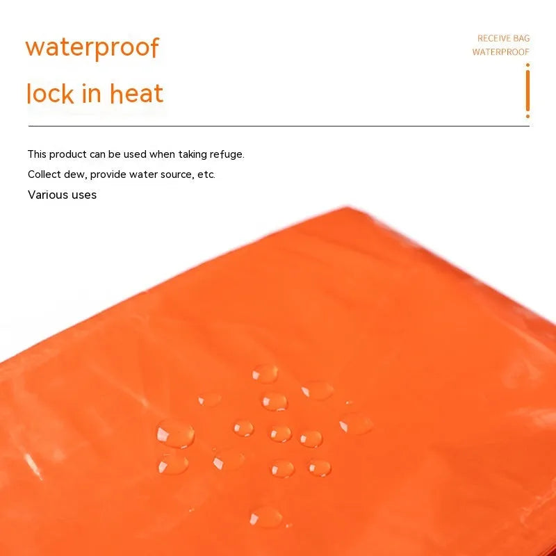 Orange portable disaster relief tent with emergency blanket showing 240cm × 150cm dimensions