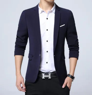 Men's slim fit cotton blend suit jacket with stand-up collar and three-quarter sleeves in black