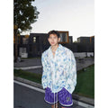 American floral embossed long sleeve shirt in chemical fibre blend fabric, loose fit design