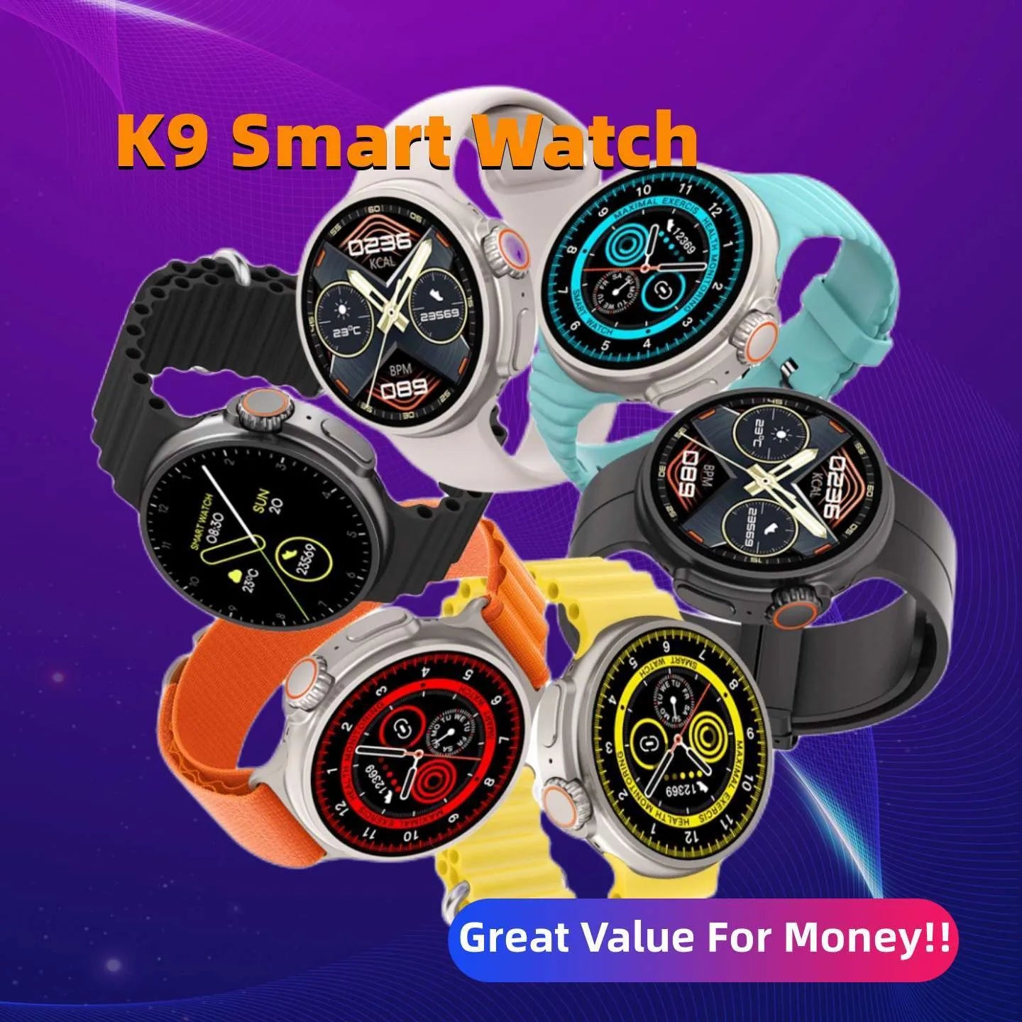 K9 smart watch with round screen and silicone strap showing health stats on display
