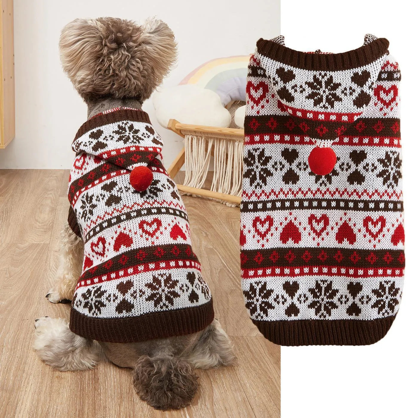 Pink knitted dog jumper with snowflake, love heart, and striped camouflage pattern on a small white dog.
