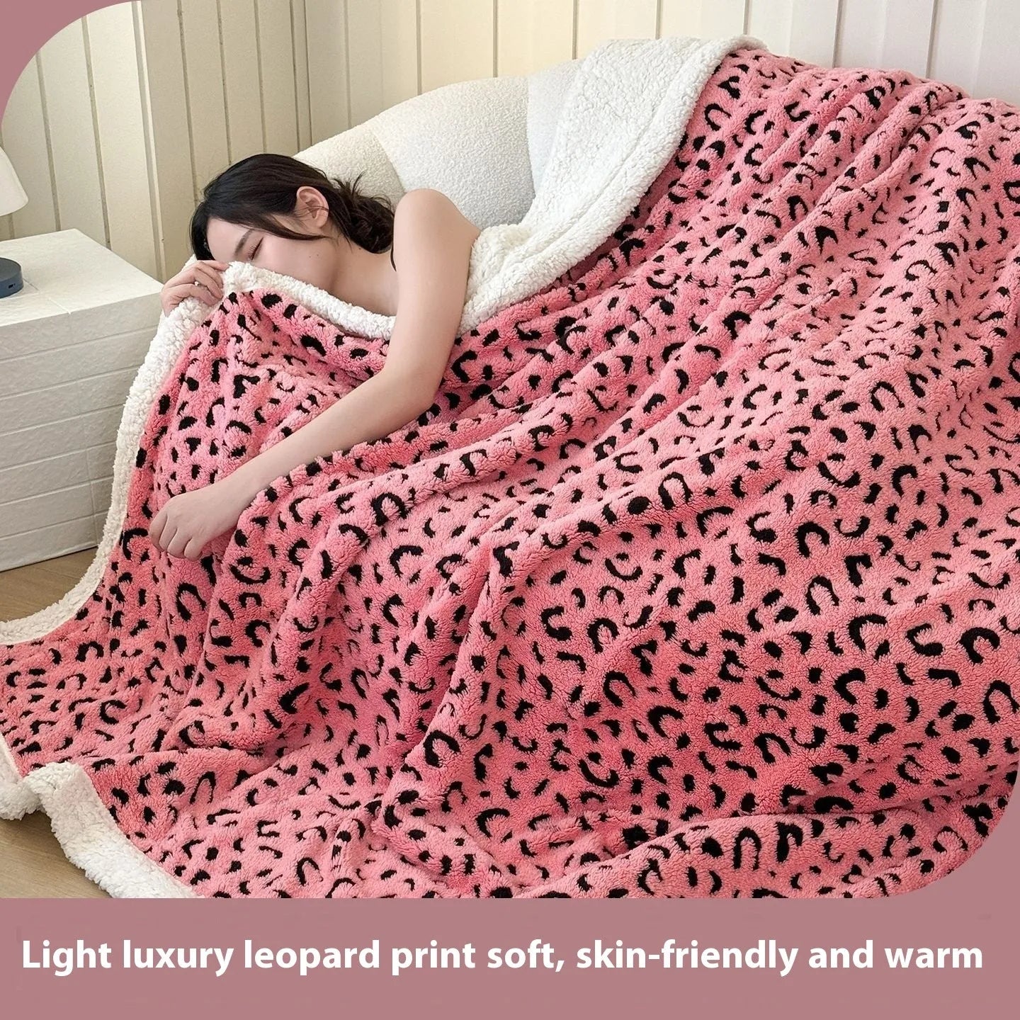 Double-layer leopard jacquard taffeta blanket in camel zebra pattern on a single bed.