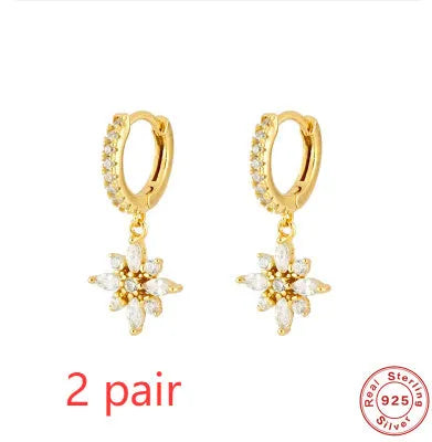Sterling silver snowflake pendant earrings with geometric design in white gold or yellow gold colour