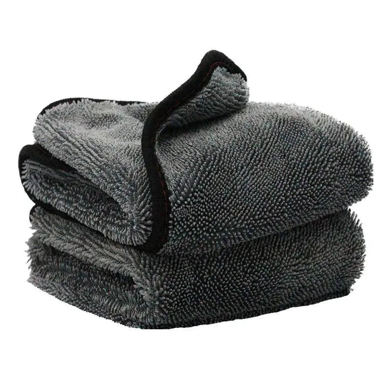 Grey microfiber car drying towel laid flat showing 40x40cm size.