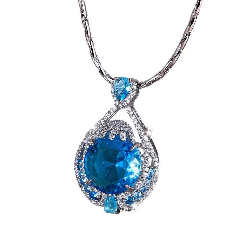 Geometric blue crystal pendant necklace on water wave chain for women