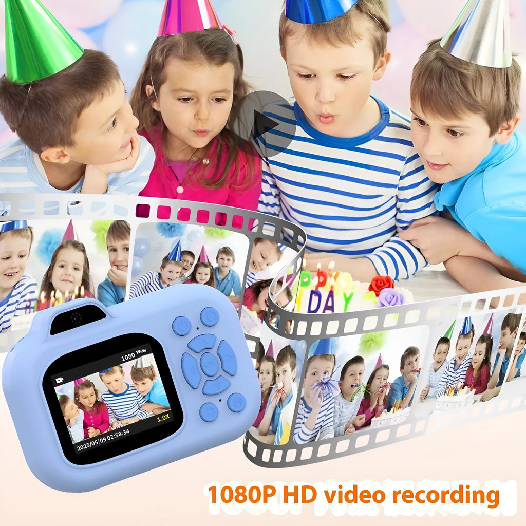 Children's multi-function camera toy in pink, blue, or purple plastic colours with video recording and gaming capabilities.