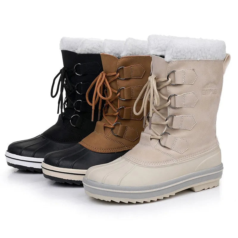 Women's waterproof snow boots in beige brown and black with crazy horse leather upper and rubber sole