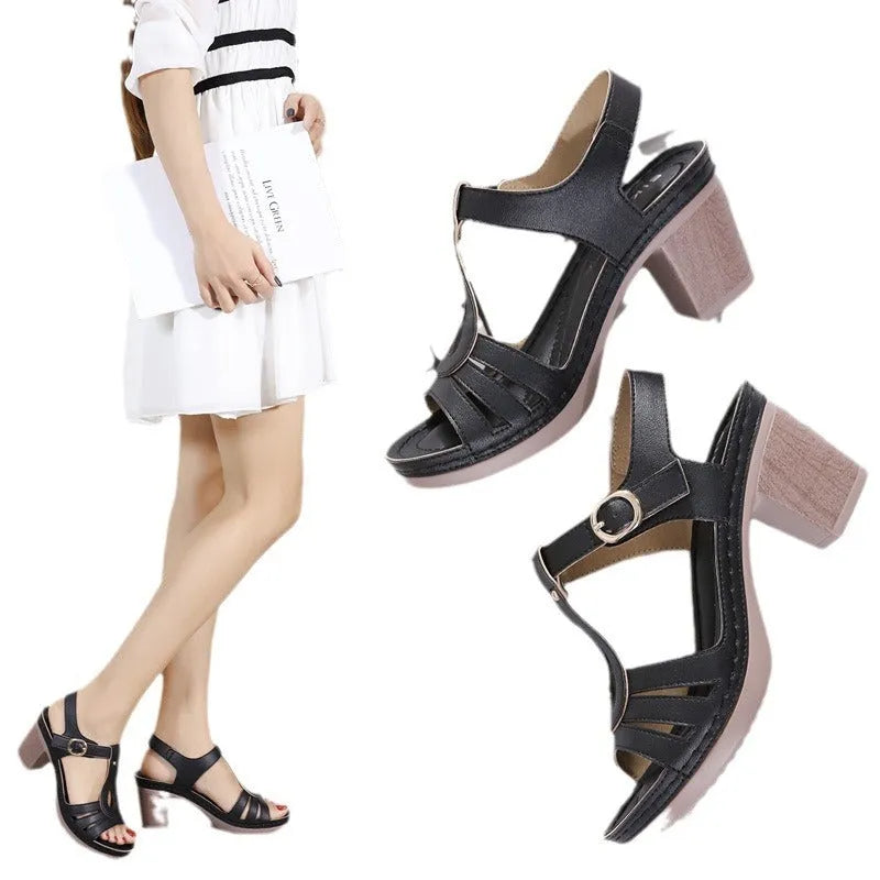 Women's apricot patent leather sandals with a thick high heel and metal buckle stitching detail.