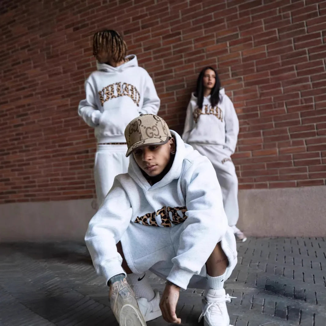 Leopard print letter embroidery street casual trousers hoodie set polyester three-piece suit black light gray