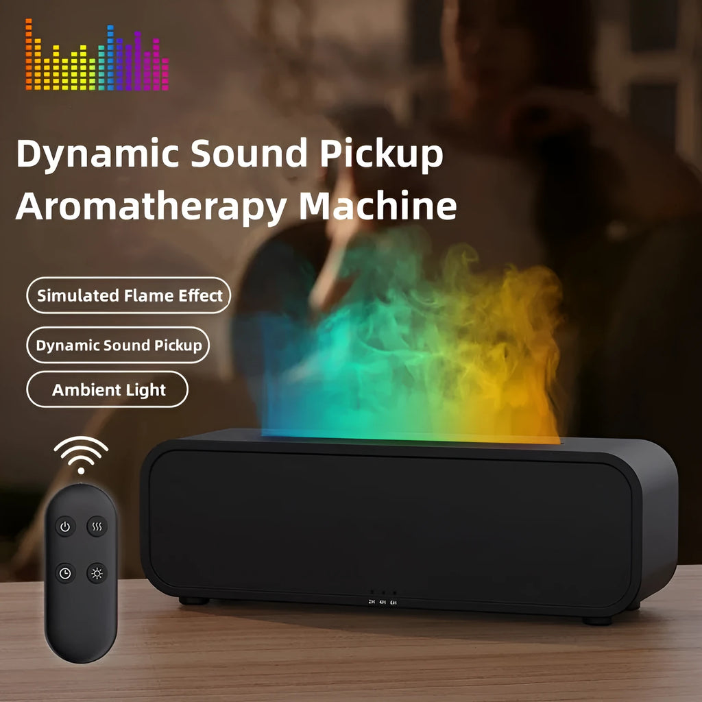 Black and white aroma diffuser with colour-changing flame effect lights and remote control for aromatherapy