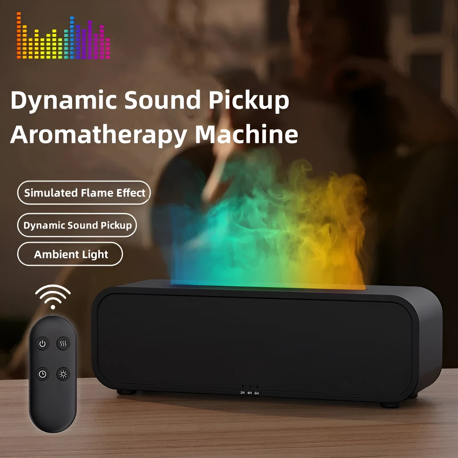 Black and white aroma diffuser with colour-changing flame effect lights and remote control for aromatherapy